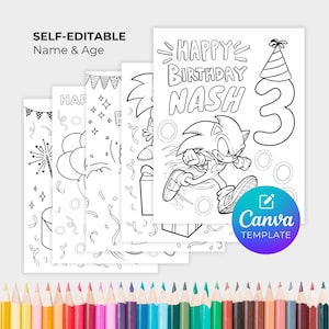 Może przedstawiać: Stos czarno-białych kolorowanek z ilustracjami o tematyce urodzinowej. Strony zawierają postać Sonica Jeża, tekst "HAPPY BIRTHDAY NASH 3" i inne dekoracje imprezowe. Widoczne są również słowa "SELF-EDITABLE Name & Age".