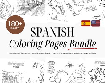 Pacote de Páginas para Colorir em Espanhol | Mais de 180 páginas para colorir bilíngues com tradução para o inglês | Desenhos para colorir em espanhol para crianças | Download digital em PDF