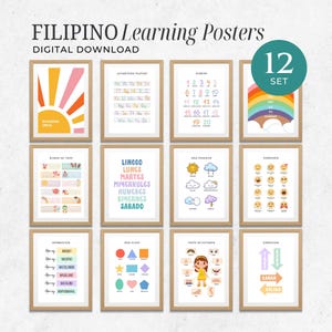 Filipino Educational Posters – 12 Printable Set for Kids Nursery Room, Bilingual Homeschool Decor, Filipino Alphabet, Numbers & More