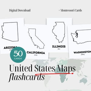 May include: A collection of 50 United States map flashcards. Each card features a state outline, with the state's name and abbreviation. The title "United States Maps flashcards" is displayed in a stylish font, with the words "Digital Download" at the top.