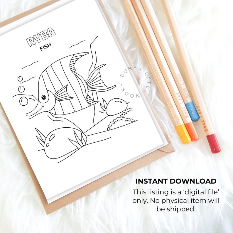 May include: A black and white line drawing of a fish with the word "RYBA" above the word "FISH". The image is on a white card with the text "INSTANT DOWNLOAD". Four pencils with colored tips are to the right.