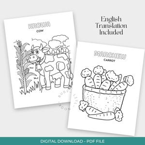 May include: Two black and white coloring pages. One page features a cow with the Polish word "Krowa" and the English word "cow". The other page shows a basket of carrots with the Polish word "Marchew" and the English word "carrot".