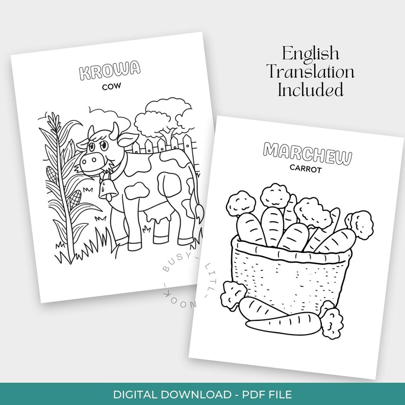 May include: Two black and white coloring pages. One page features a cow with the Polish word "Krowa" and the English word "cow". The other page shows a basket of carrots with the Polish word "Marchew" and the English word "carrot".
