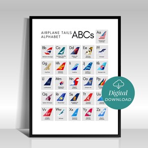 Può includere: Una stampa incorniciata con un alfabeto di design di code di aereo. Ogni lettera mostra il logo di una diversa compagnia aerea, da American Airlines a Zoom Airlines. La stampa include il testo "AIRPLANE TAILS ALPHABET ABCs" e un badge "Digital DOWNLOAD".