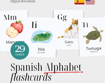 Spanish Alphabet Flashcards with English Translations – Bilingual Vocabulary Cards for Kids – Learn Spanish Letters – Digital Download