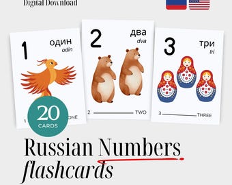 Russian Numbers 1-20 Flashcards with English Translations – Bilingual Counting Cards for Toddlers & Early Learners – Digital Download