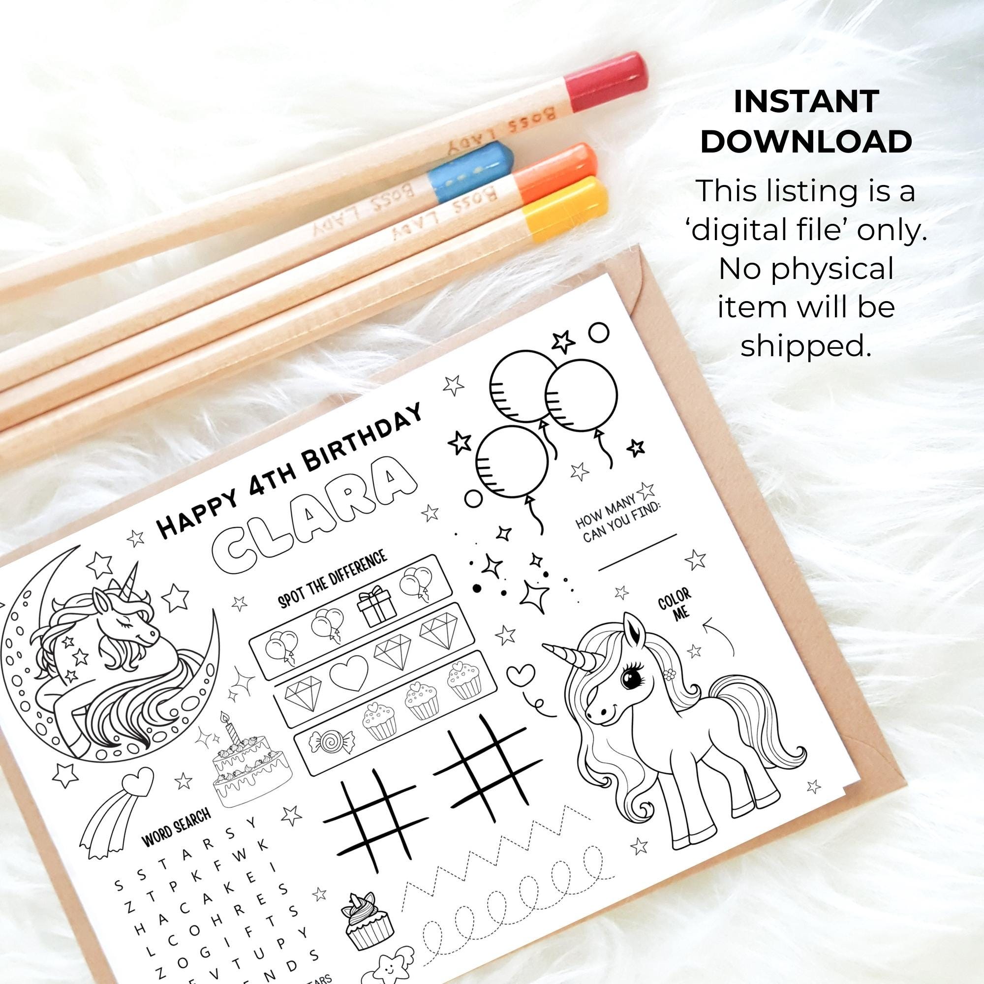 Editable Unicorn Birthday Activity Placemat for Kids – Birthday Table ...