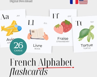 French Alphabet Flashcards with English Translations – Bilingual Vocabulary Cards for Kids – Learn French Letters – Digital Download