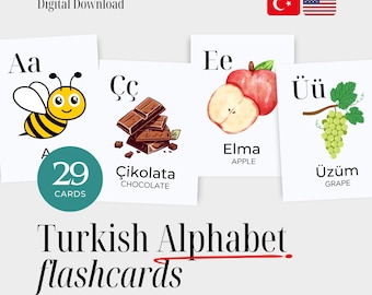 Turkish Alphabet Flashcards with English Translations – Bilingual Vocabulary Cards for Kids – Learn Turkish Letters – Digital Download