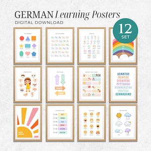 May include: A set of 12 framed German learning posters. The posters feature colorful illustrations of shapes, the alphabet, numbers, body parts, directions, months, days of the week, affirmations, emotions, and weather.