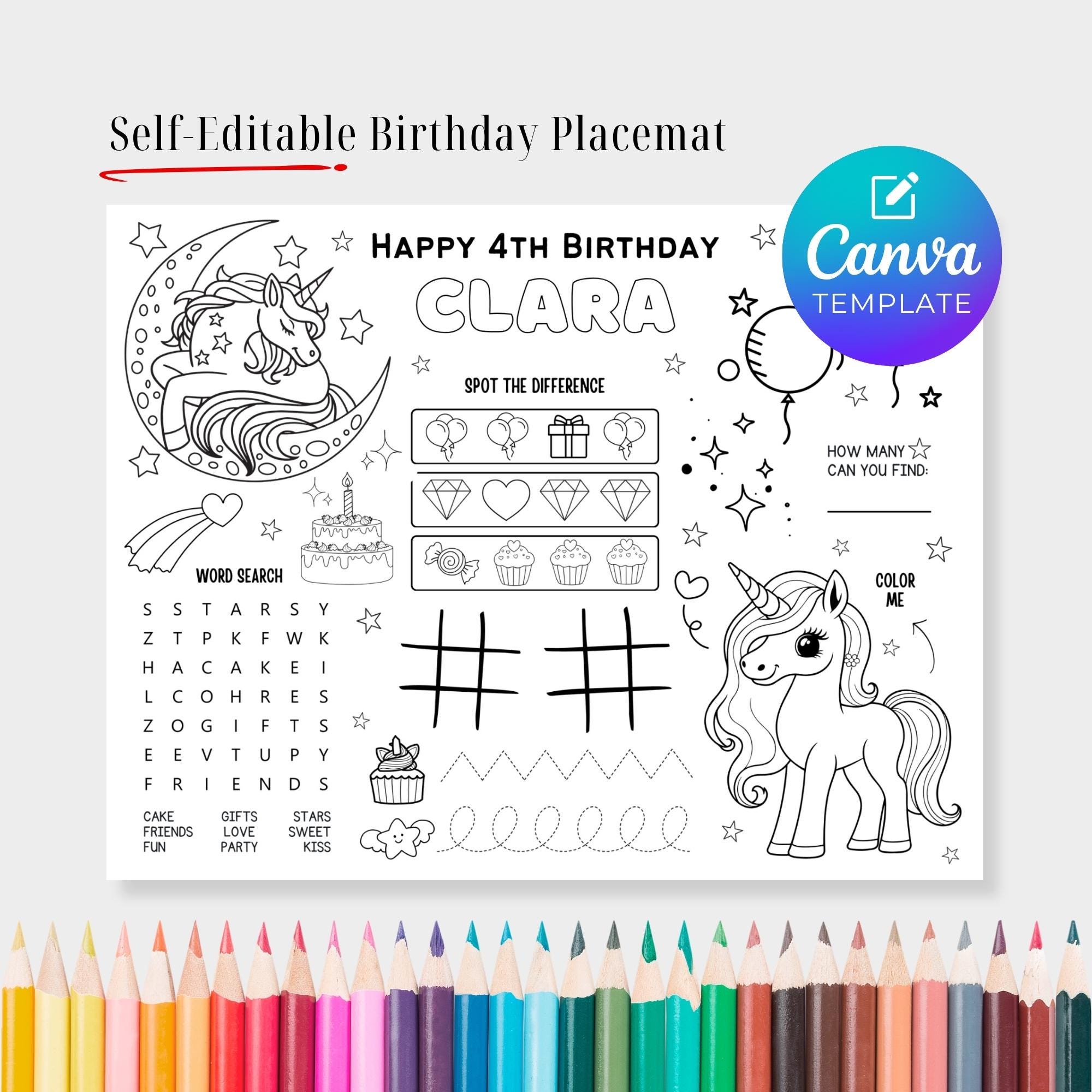 Editable Unicorn Birthday Activity Placemat for Kids – Birthday Table ...