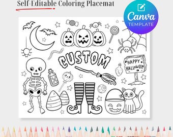 May include: A black and white Halloween-themed coloring placemat with various illustrations, including pumpkins, a skeleton, and a cat. The word "CUSTOM" is prominently displayed. The Canva template logo is in the upper right corner.