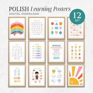 Puede incluir: Un conjunto de 12 carteles de aprendizaje de polaco con marcos de madera. Los carteles presentan ilustraciones coloridas del alfabeto, números, formas, emociones y clima. El texto "POLISH Learning Posters" y "DIGITAL DOWNLOAD" está en la parte superior.