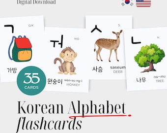 Korean Alphabet Flashcards with English Translations – Bilingual Vocabulary Cards for Kids – Hangul Learning – Digital Download