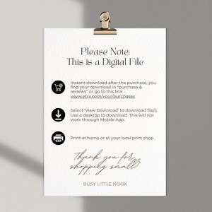 Puede incluir: Un papel blanco con texto, sujeto por un clip dorado. El texto dice "Please Note: This is a Digital File." Texto adicional proporciona instrucciones de descarga y agradece al cliente. El nombre de la tienda "BUSY LITTLE NOOK" est&aacute; en la parte inferior.