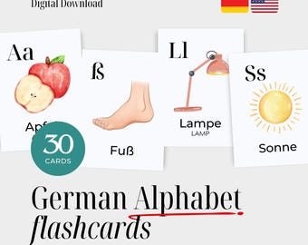 Duitse alfabet-flashcards met Engelse vertalingen – Duitse woordenschatkaarten voor kinderen – Duitse letters leren – digitale download