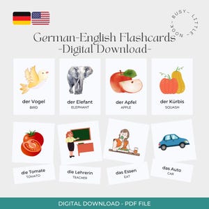 Puede incluir: Una descarga digital de tarjetas did&aacute;cticas alem&aacute;n-ingl&eacute;s. Las tarjetas presentan ilustraciones de un p&aacute;jaro, elefante, manzana, calabaza, tomate, profesor, comiendo y un coche. El texto incluye palabras en alem&aacute;n e ingl&eacute;s.