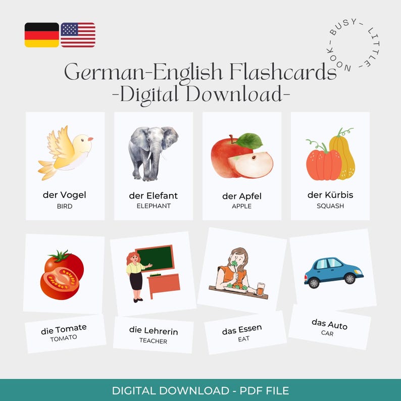 Puede incluir: Una descarga digital de tarjetas did&aacute;cticas alem&aacute;n-ingl&eacute;s. Las tarjetas presentan ilustraciones de un p&aacute;jaro, elefante, manzana, calabaza, tomate, profesor, comiendo y un coche. El texto incluye palabras en alem&aacute;n e ingl&eacute;s.