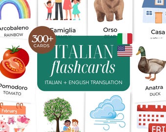 Italian English Flashcard Bundle – 300+ Bilingual Cards with English Translations – Ultimate Preschool & Toddler Learning – Digital Download