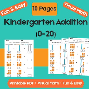 May include: Educational printable PDF for kindergarteners, featuring addition problems with blocks, numbers 0-20. The image includes the text "Fun & Easy," "Visual Math," and "10 Pages."
