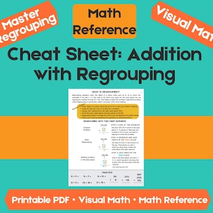 May include: A teal educational printable titled "Cheat Sheet: Addition with Regrouping." The sheet includes math problems and explanations. Orange banners read "Master Regrouping," "Math Reference," and "Visual Math."