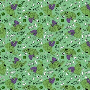 May include: A repeating pattern featuring the Hulk in various poses, rendered in green and purple on a light green background. The design includes speech bubbles with "SMASH" and "HULK" text, along with the phrase "ALWAYS ANGRY".