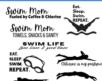 May include: A collection of black and white swimming-themed graphics. Text includes "Swim Mom," "Swim Life," and "Eat, Sleep, Swim, Repeat." Silhouettes of swimmers and goggles are also featured. Perfect for crafting projects.