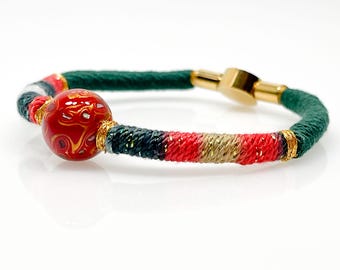 Hand-Twisted Cotton Cord Bracelet with Red Lacquer Bead | Minimalist Jewelry, Harmony Clasp