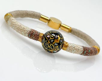 Handmade Cotton Thread Bracelet | Lacquer Bead, Brass Clasp