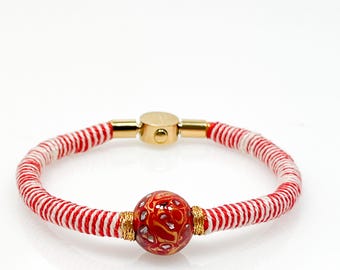 Handwoven Tibetan Rope Bracelet: Lacquer Bead, Copper Clasp, Good Fortune Couple Gift