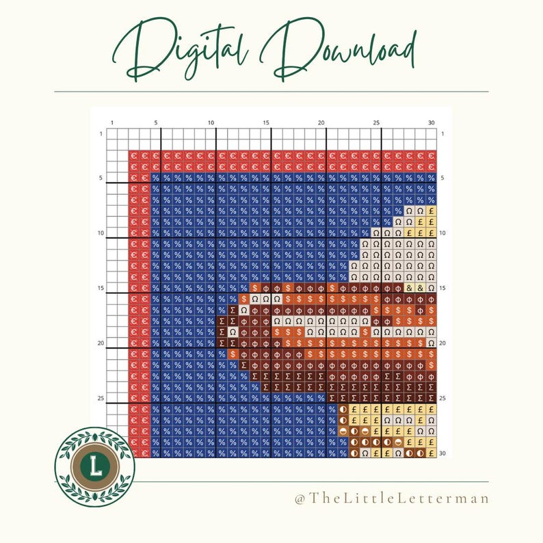 May include: Digital download cross-stitch pattern with a grid design. The pattern features a color-coded chart with red, blue, brown, and tan blocks. The text "Digital Download" is at the top, and the shop's logo is at the bottom.