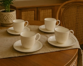 Mikasa Italian Countryside Cups & Saucers • Set of 4 • White Stoneware Mugs with Saucers •
