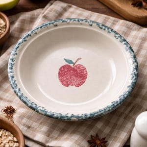 May include: A cream-coloured pie plate featuring a red apple design and a blue rim. The plate is on a checkered cloth, with apples, oats, and cinnamon sticks nearby, suggesting a baking theme.