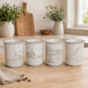 May include: A set of four cylindrical ceramic mugs with a speckled off-white finish. Each mug features a distinct black line drawing: a steam locomotive on a bridge, a church, a harbour with boats, and a grain elevator building structure.