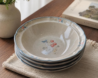 Vintage Country Goose Stoneware Bowls Set of 4 | Rustic Farmhouse Soup Bowls | Cottagecore Kitchen Decor |