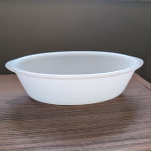 May include: A white, oval bowl with two small handles. The bowl is made of a solid, opaque material and sits on a wooden surface. The bowl's design is simple and functional, suitable for serving or food preparation. The bowl is approximately 20 cm in diameter.