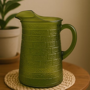 Vintage Green Glass Pitcher – Bartlett Collins Brick Road – 9” Mid Century Barware – Avocado Textured Jug – Retro Kitchen Decor