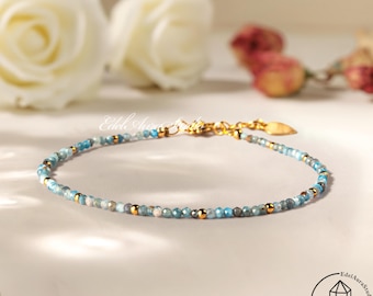 Blue Tourmaline Bracelet 18k Gold Plated • Dainty 2mm-3.5mm Gemstone Beads • Minimalist Healing Crystal Jewelry • Protection Gift for Her
