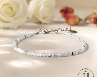 Bracelet aigue-marine de 3 mm, cadeau de naissance de mars, guérison du chakra de la gorge, pierre précieuse bleu glacier, mariée quelque chose de bleu, perles argentées