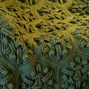 May include: A green crocheted blanket with a textured, woven pattern. The blanket is made of thick yarn and has a soft, cozy feel.