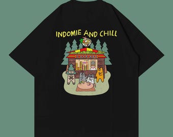 Funny Cat Illustration T-Shirt Ramen Noodle Tee
