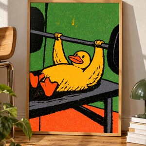 Funny Duck Gym Poster, Workout Duck Wall Art, Pull Up Duck Print, Fitness Humor Decor, Retro Animal Poster, Home Gym Gift