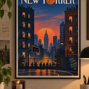 May include: A framed New Yorker magazine cover print titled The New Yorker dated June 22, 2026. The illustration depicts a city basketball court at sunset with a large orange sun behind a skyscraper, silhouettes of players, and the text New York Always Plays.