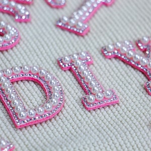 Pink pearl patches,DIY Clothing Decorative Decals,Iron-On Letter Patch,A-Z Rhinestone Alphabet Patch,Pearl rhinestone letter patch