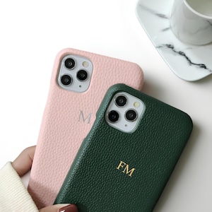Custom Vegan Leather iPhone Case · Fits iPhone 16 15 14 13 12 Pro Max · Personalized Monogram Initials Phone Cover · Gift for Her Him