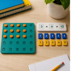 May include: A teal square board with circular indentations, some filled with orange pegs. Beside it, a white rectangular frame displays the equation 3 x 4 = 12 in teal. Below are two rows of five rectangular tiles, one row blue and one yellow, numbered 1 to 5.