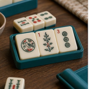 May include: A set of cream-coloured Mahjong tiles with green and red engraved designs, including a bird, a plant, and the numbers 1 and 3, arranged in a dark teal plastic rack. The tiles feature intricate illustrations and clear numerical markings.