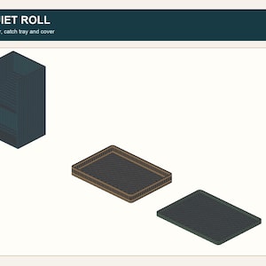May include: A dark blue dice tower, a rectangular catch tray with a brown rim, and a matching dark blue cover. The set is labeled QUIET ROLL, Tower, catch tray and cover. The components are displayed in an isometric view on a light background.