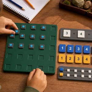 Puede incluir: Un tablero de juego cuadrado de color verde oscuro con pequeñas fichas grises con detalles de diamantes azules, una bandeja rectangular gris con fichas blancas que muestran la ecuación 3 x 4 = 12, filas de fichas numéricas azules y amarillas y un ábaco.