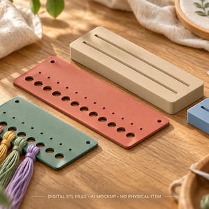 May include: A set of crafting organisers including a rectangular terracotta-coloured board with multiple circular holes, a sage green board with holes holding pink, yellow, and purple yarn tassels, a beige rectangular stand, and a small blue square block.